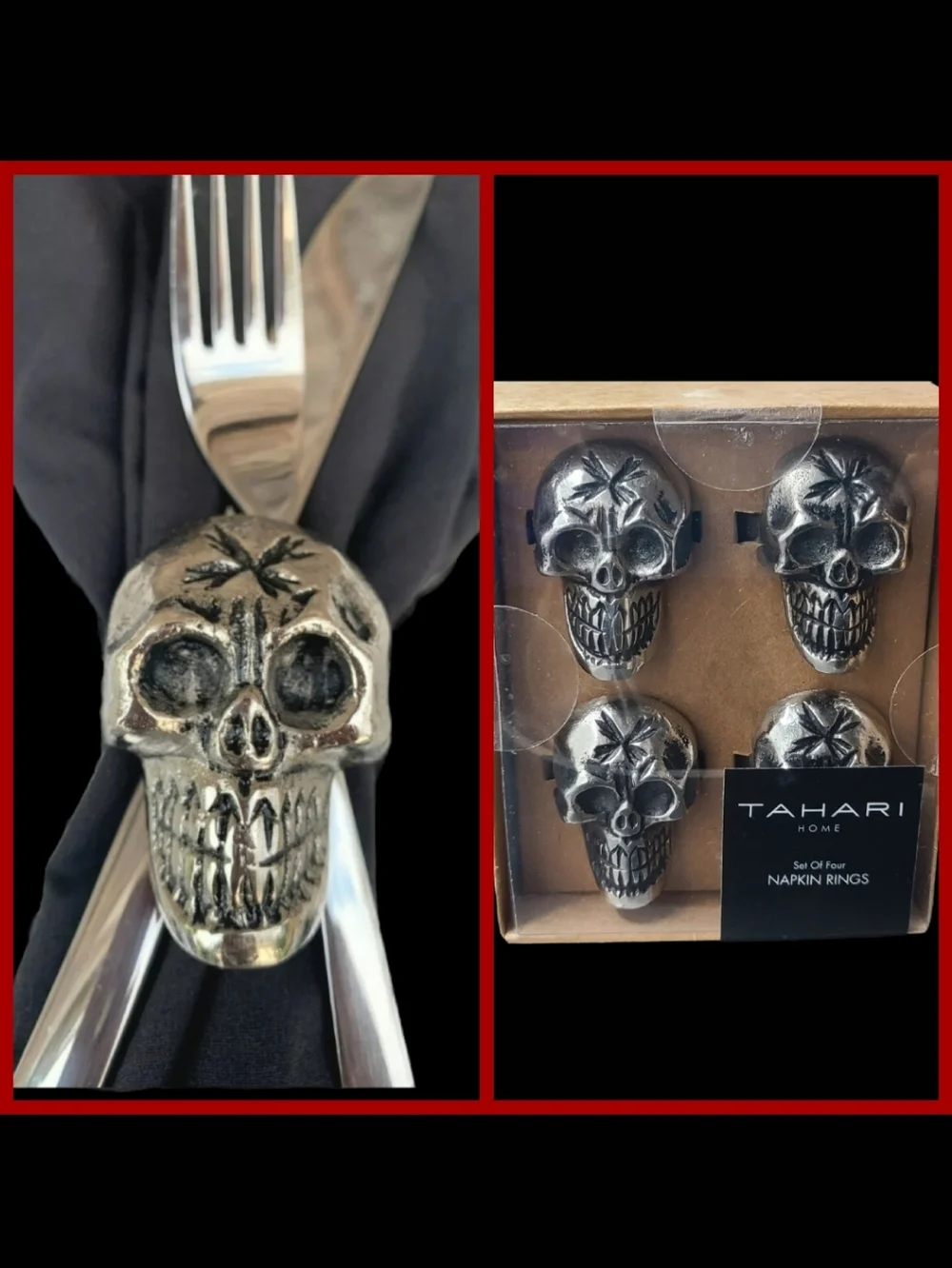 4pc Set Chunky Silver Metal Gothic Skull Head Halloween Napkin Rings by Tahari